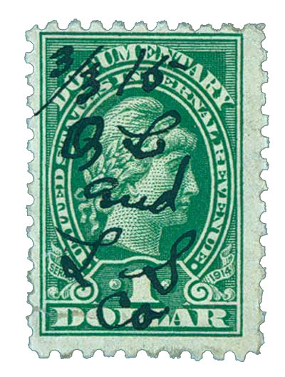 R217 - 1914 $1 U.S. Internal Revenue Stamp, Green, Double Line Watermark, Perf. 10, Inscribed "Series 1914"