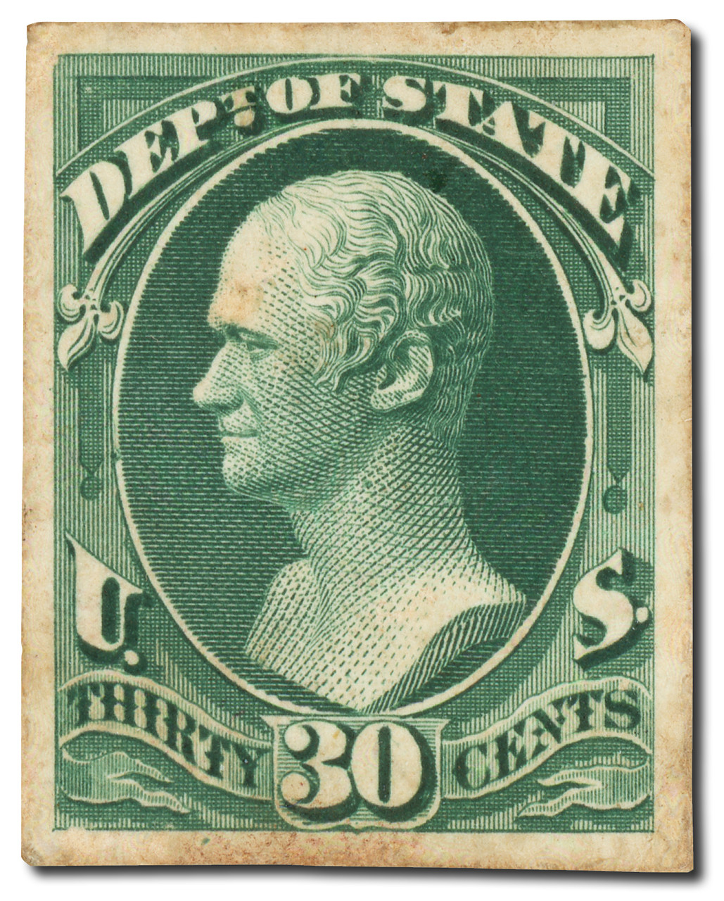 O66P2 - 1873 30c Green, Department of State, RA Small Die on White Wove Paper