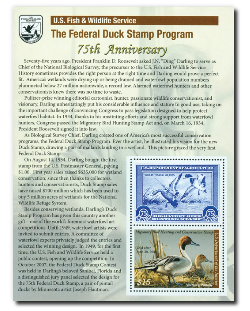 RW75th - 2008 $15.00 Federal Duck Stamp - Northern Pintails, 75th Anniversary Souvenir Sheet