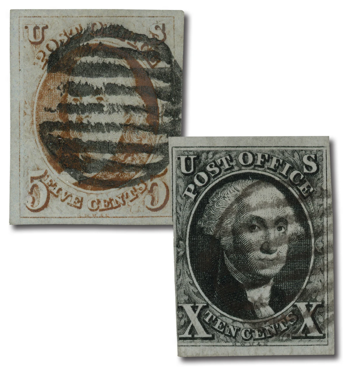 1-2 offer - 1847 5c Franklin & 10c Washington, First Two Stamps of the United States