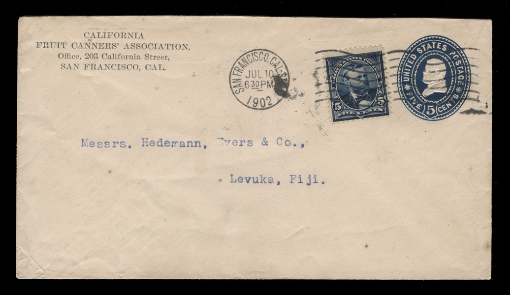 MRS790 - 1898 5c Grant Single (Scott#281) Used on 1902 Dated Entire to Fiji