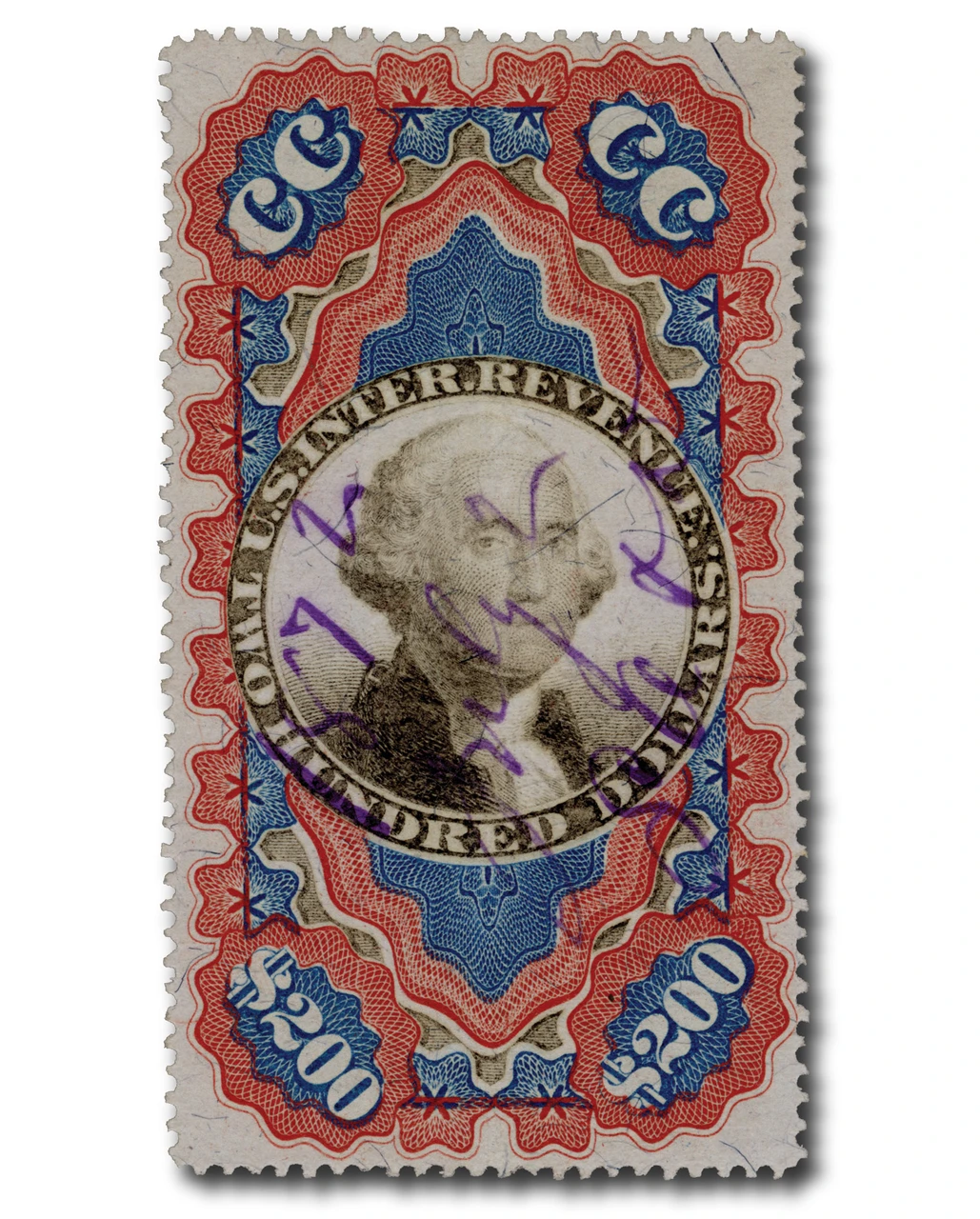R132 - 1871 $200  U.S. Internal Revenue Stamp, Red, Blue & Black, "Small Persian Rug"
