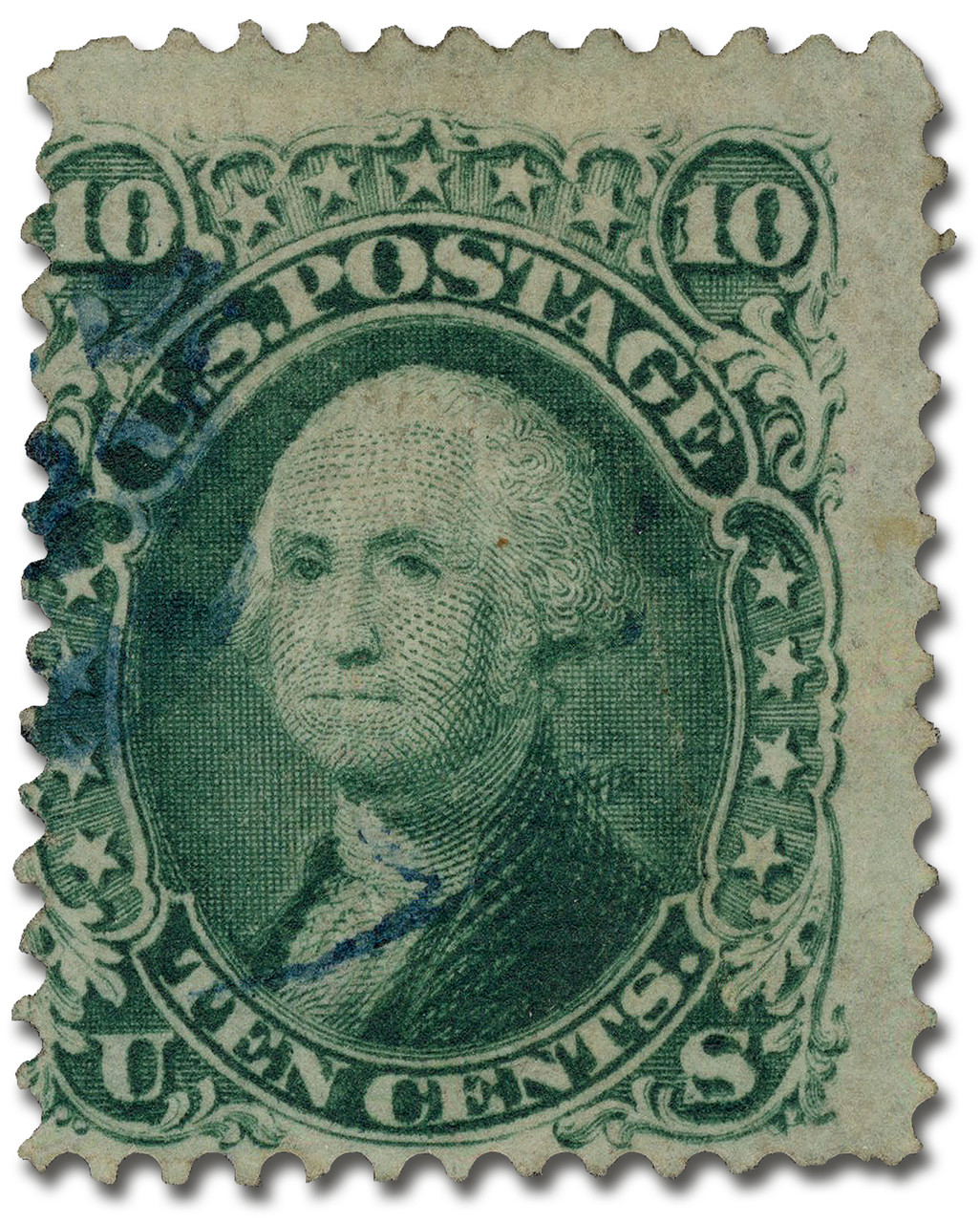 96 offer - 1868 10c Washington, Yellow Green, F Grill, Perf. 12