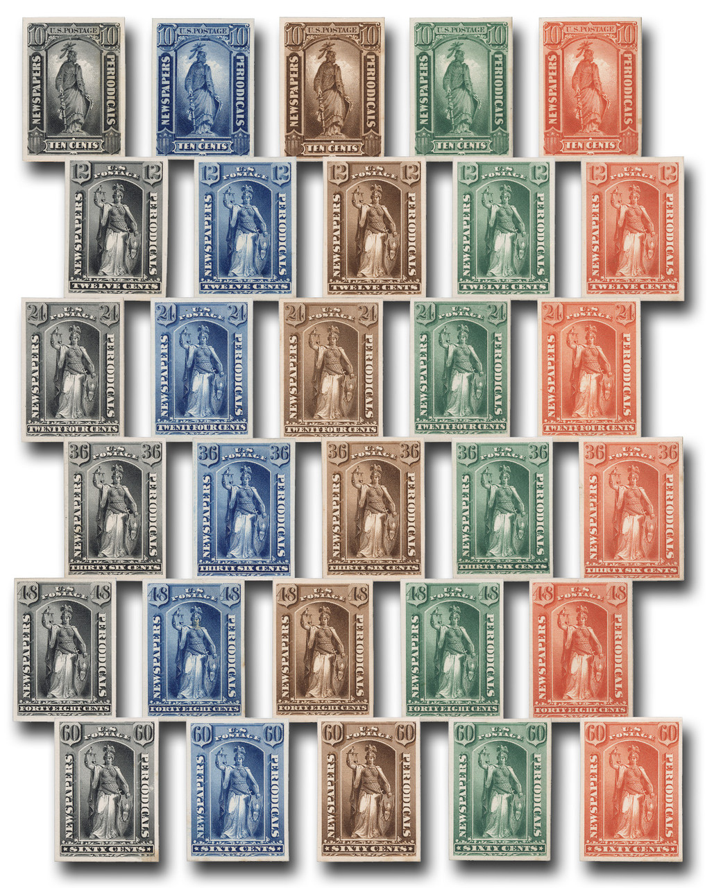 PR9-32TC4 - 1881 Complete Set of 2c-$60 Newspaper Atlanta Plate Proofs - Every Color and Denomination - Get All 120 Proofs