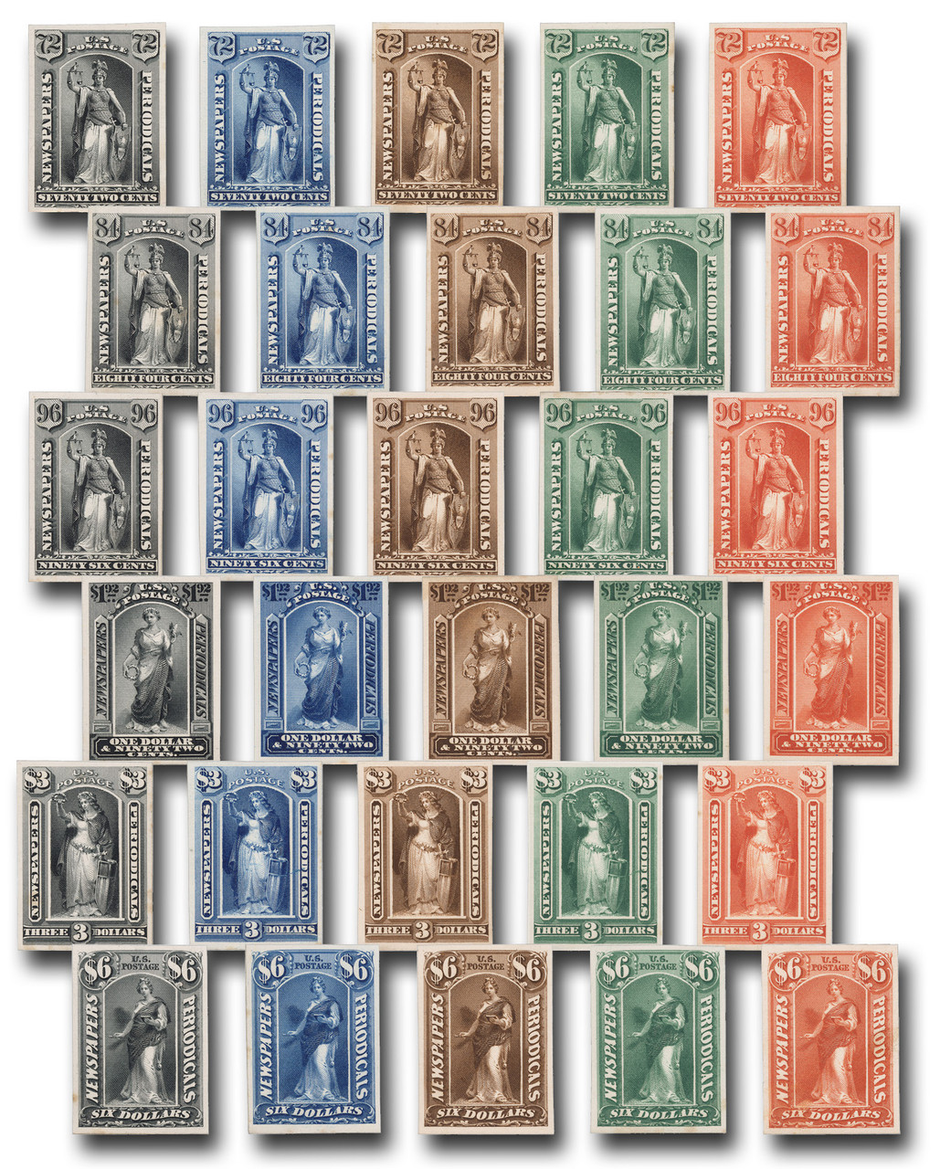 PR9-32TC4 - 1881 Complete Set of 2c-$60 Newspaper Atlanta Plate Proofs - Every Color and Denomination - Get All 120 Proofs