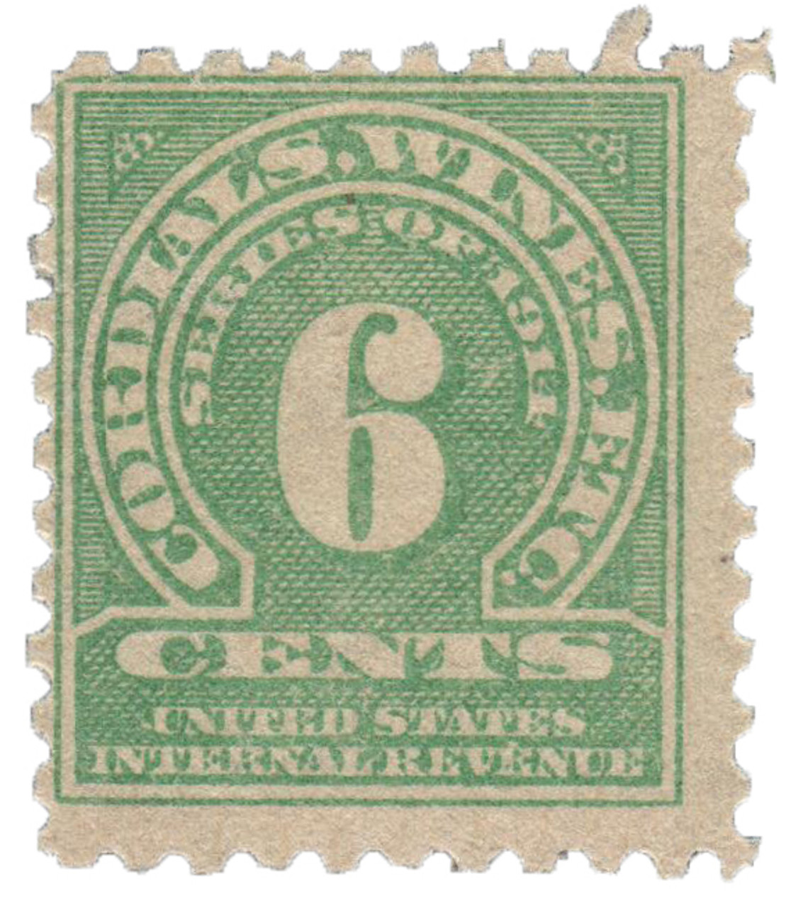 RE24 - 1914 6c Cordials, Wines, Etc. Stamp, Green, Double Line Watermark