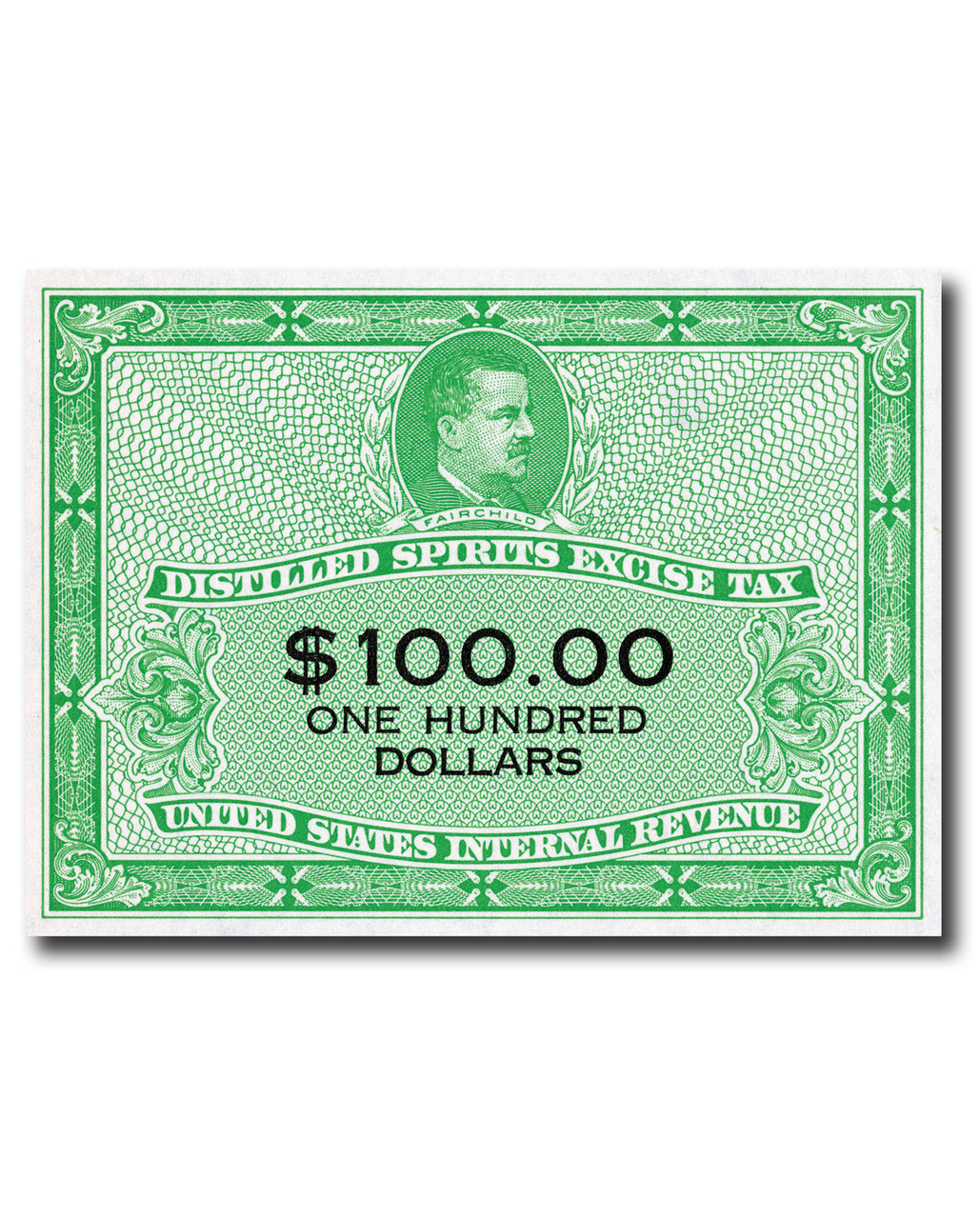 RX38 - 1952 $100 Distilled Spirits Excise Tax Stamp, Yellow Green & Black