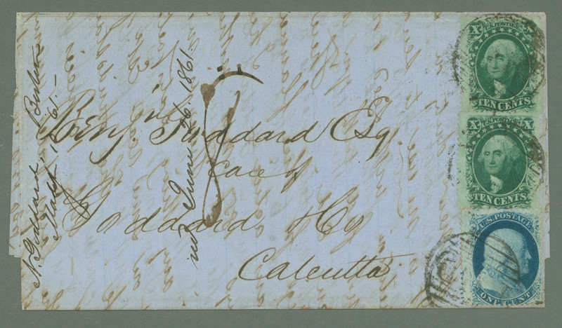 MRS1624 - 1859 10c Washingtons (#35) and 1c Franklin (#24) on Folded Letter to Calcutta, India