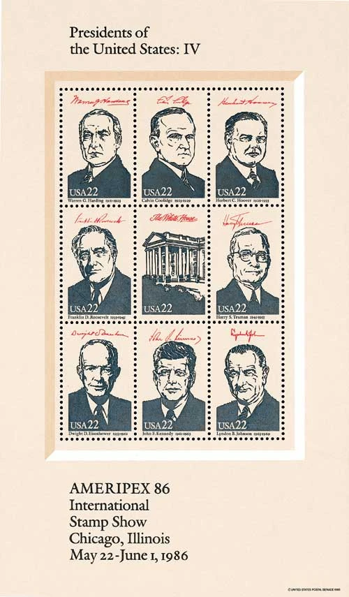 2219 - 1986 22c AMERIPEX '86: Presidents Harding-Johnson