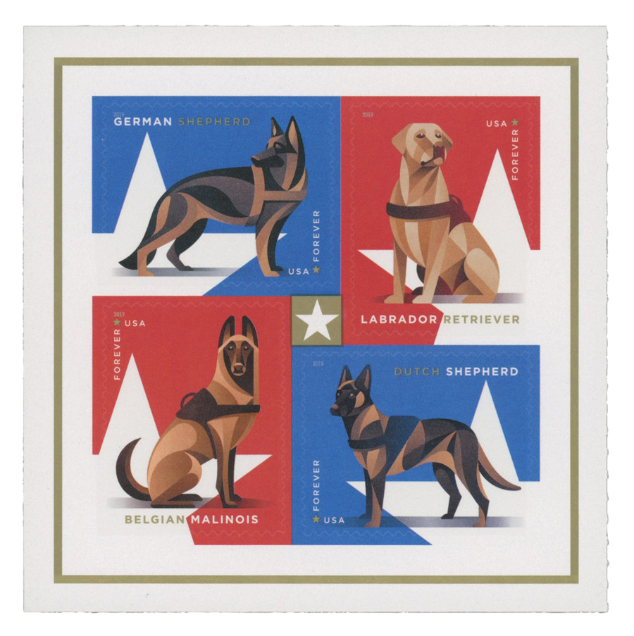 5408a - 2019 55c Military Working Dogs Block of 4 - Mystic Stamp