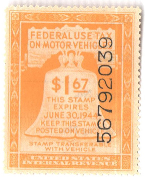 RV26 - 1944 $1.67 Motor Vehicle Use Tax, Yellow, Gum & Control No.on Face, Inscription on Back