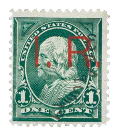 R153 - 1898 1c U.S. Internal Revenue Stamp, Green, Red Overprint Type A