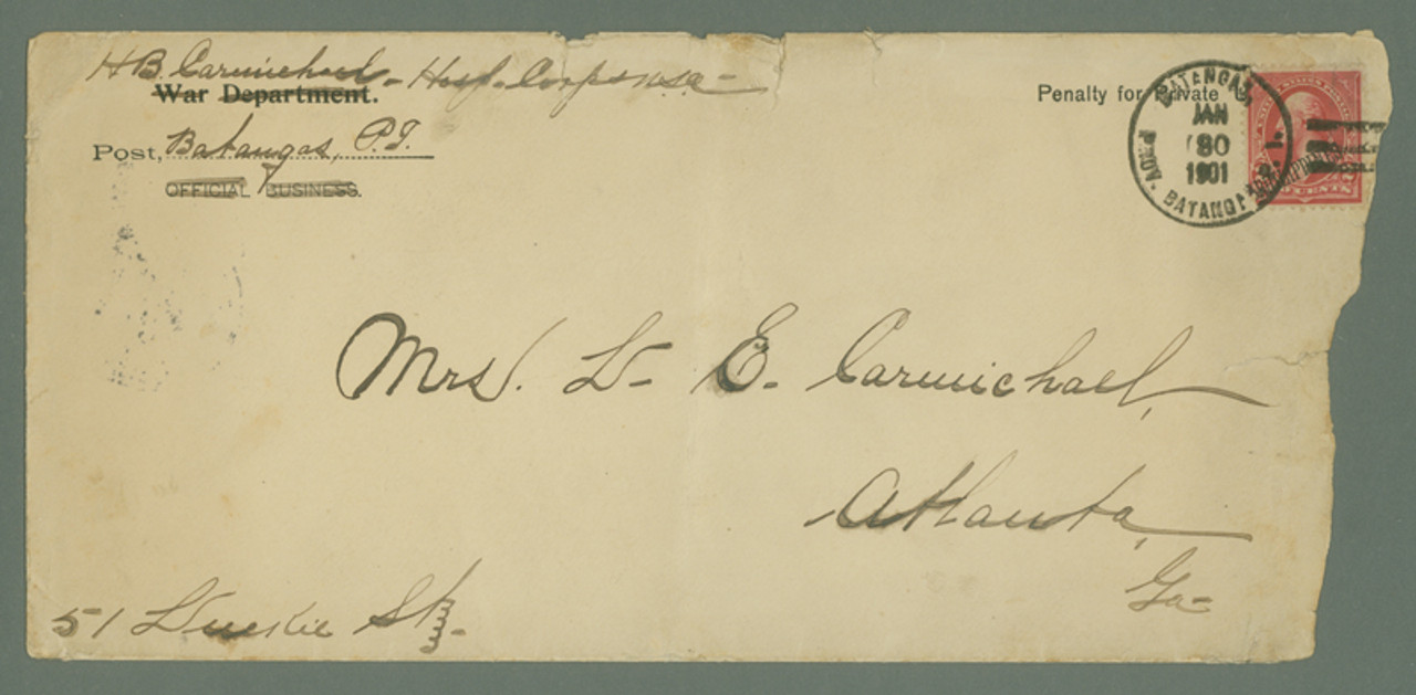 MRS1635 - 1901 Philippines Insurrection Legal Size Cover From Batangas (#P214)