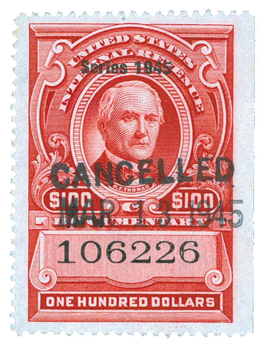 R433 - 1945 $100 U.S. Internal Revenue Stamp, Carmine, No Gum