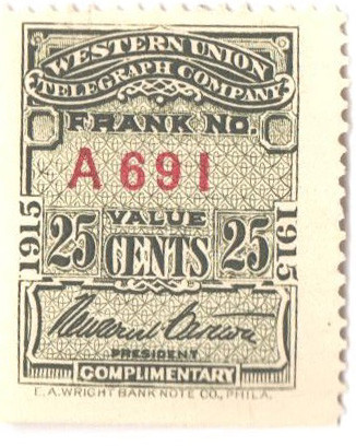 16T48 - 1915 25c Western Union Telegraph Company, Olive Green, Newcomb Carlton Signature