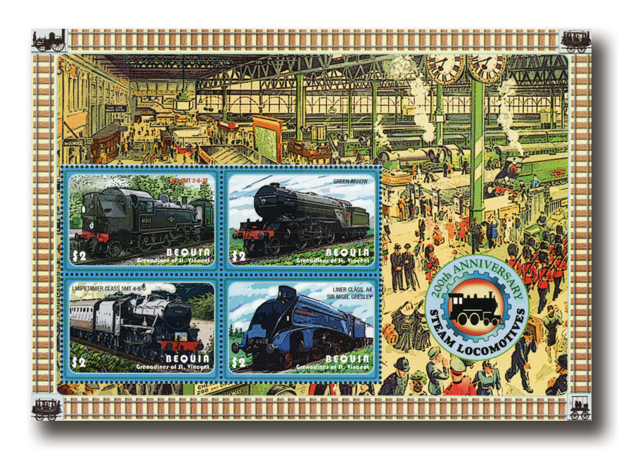 MFN537 - 2005 $2 200th Anniversary of Steam Locomotives: LMS 2MT 2-6-2T, Mint Sheet of 4, Bequia
