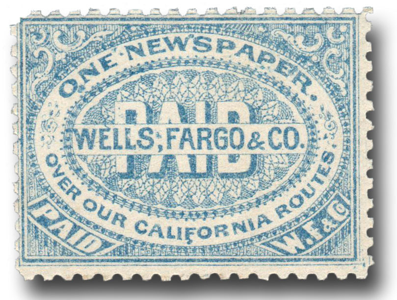 143LP7 - 1883-88 Wells Fargo Newspaper Stamp, Blue on White Paper, Perf. 11, 12 or 12.5