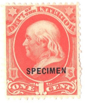 O15S - 1875 1c Department of the Interior Official, Specimen, Vermilion