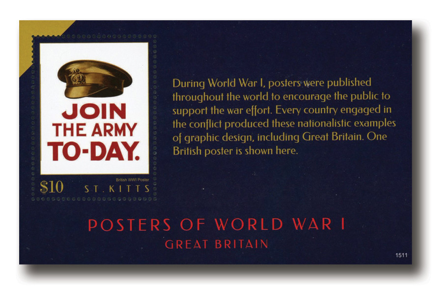 MFN557 - 2015 $10 Posters of World War I, Mint Souvenir Sheet, St Kitts