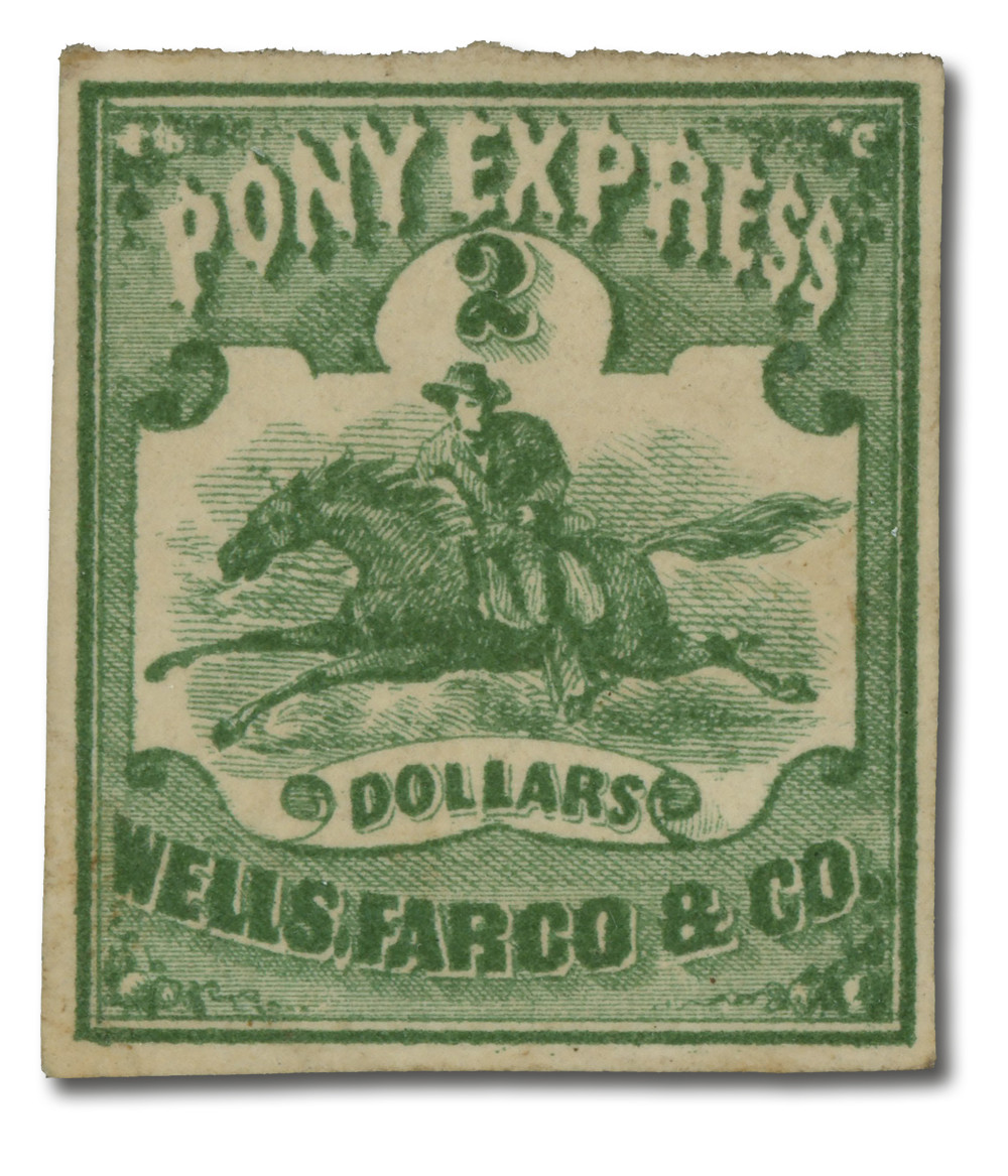 143L4 - 1861 $2 Wells Fargo Pony Express, Green on White Paper