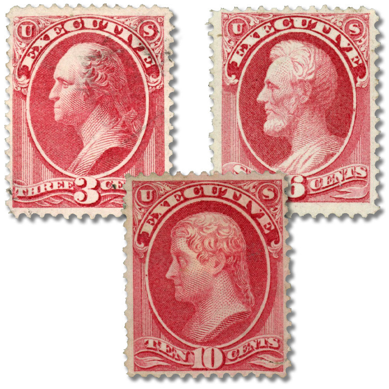 O12-14 - 1873 Executive Department Officials, Carmine, Hard Paper, Set of 3 Stamps