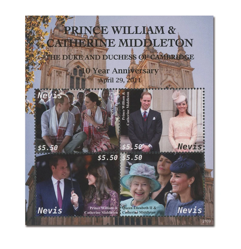 MFN252 - 2021 $5.50 Prince William & Catherine Middleton, 10 Year Anniversary, Mint Sheet of 4, Nevis