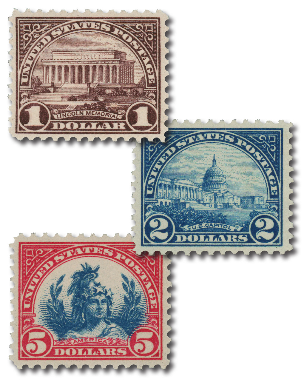 571-73 - 1923 $1 Lincoln Memorial, $2 US Capitol & $5 America, Perf. 11, Set of 3 Stamps