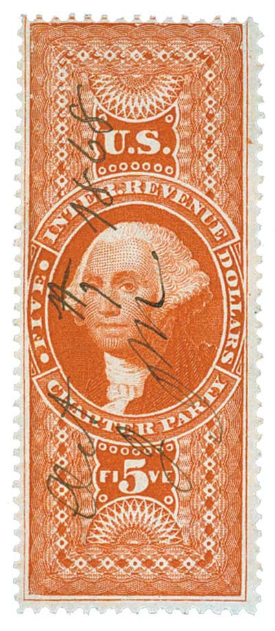 R88 - 1862-71 $5 U.S. Internal Revenue Stamp, Charter Party, Red, Perf. 12