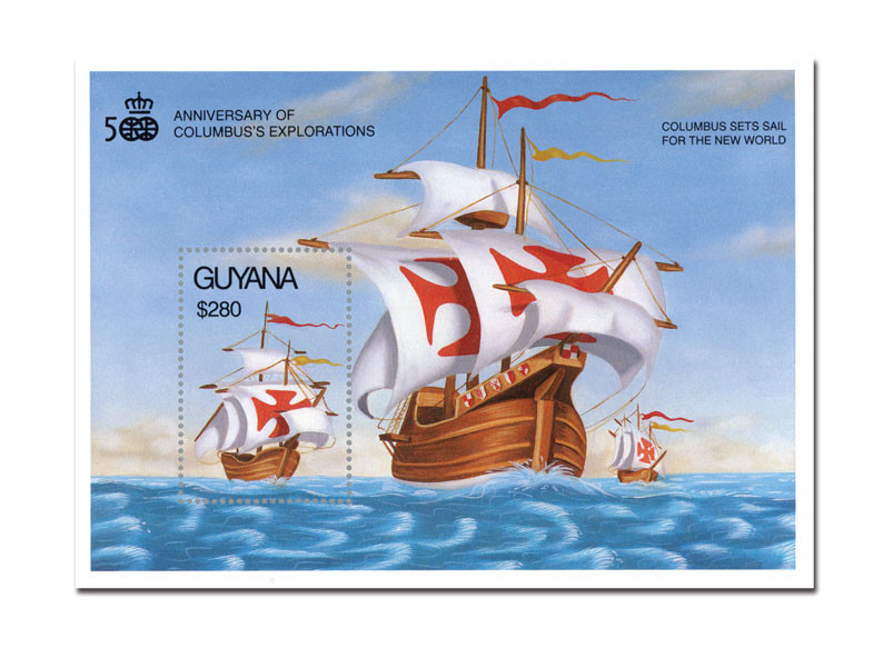 MFN185 - 1991 $280 500th Anniversary of Columbus's Exploration, Mint Souvenir Sheet, Guyana