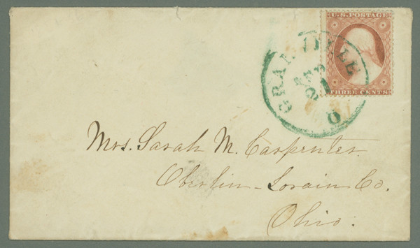 MRS1476 - 1857-61 3c Type III Single (Scott #26) Tied on Cover by Green Ohio CDS Cancel