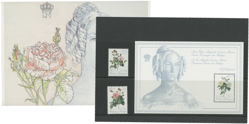 M12281 - 1989 'Roses for a Queen' set of 3 stamps with free folder featuring philatelic details