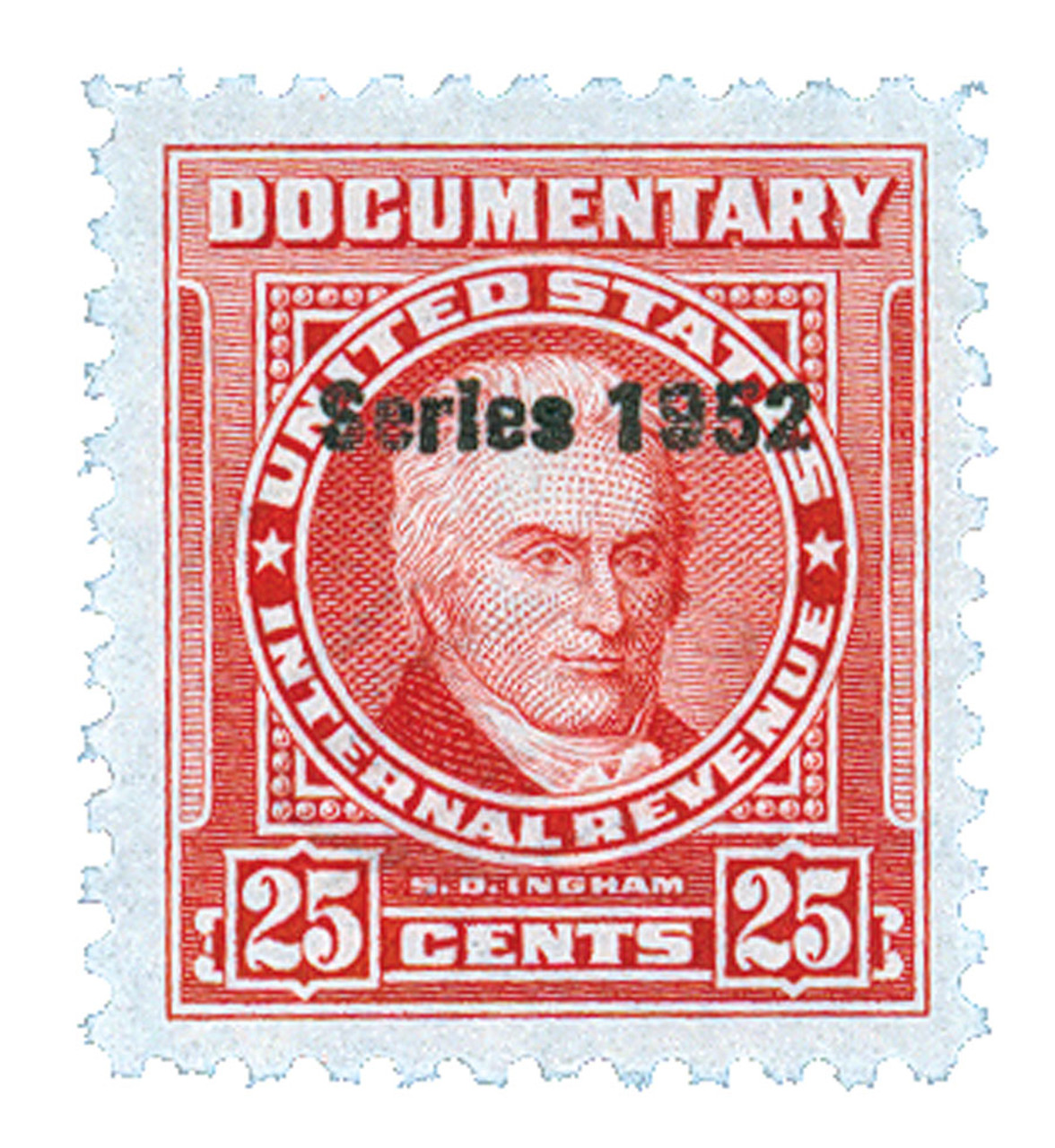 R594 - 1952 25c US Internal Revenue Stamp - watermark, perf 11, carmine