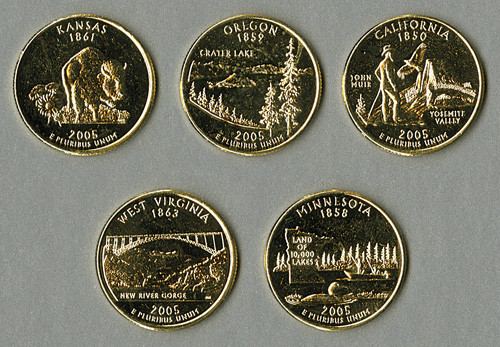 CNGP2005P - 50 State Quarters Program - set of 5 gold-plated state quarters issued in 2005 (MN, CA, OR, KS, WV)