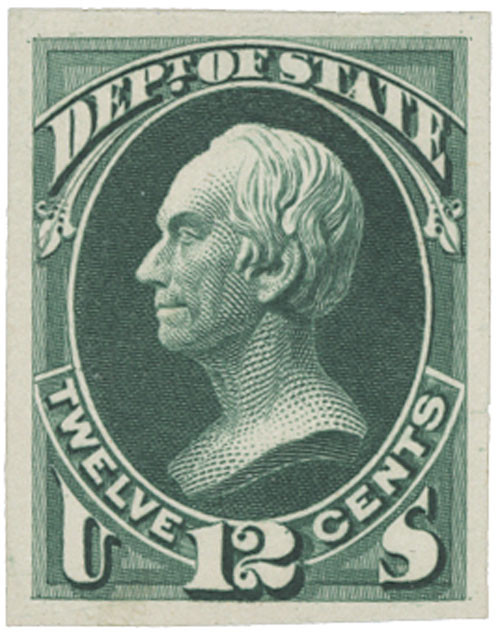 O63P4 - 1874 12c Department of State Official, Green, Plate Proof on Card