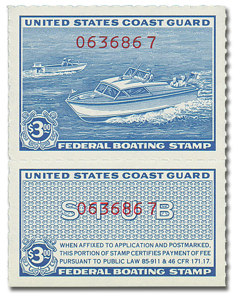 RVB2 - 1960 $3 U.S. Coast Guard Boating Tax, blue, red number overprint