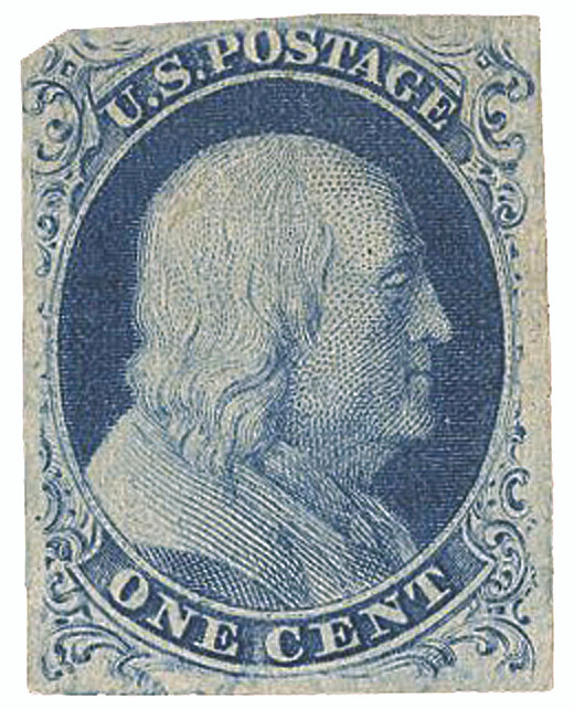 8A - 1851 1c Franklin, Blue, Type IIIa, Imperf. - Mystic Stamp Company