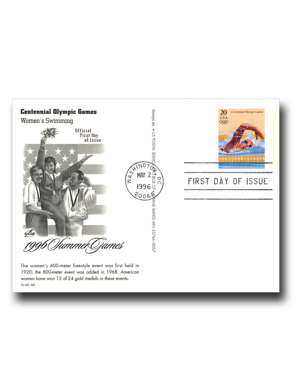 UX253 - 1996 20c Summer Olympics, Women's Swimming, First Day Issue Postal Card