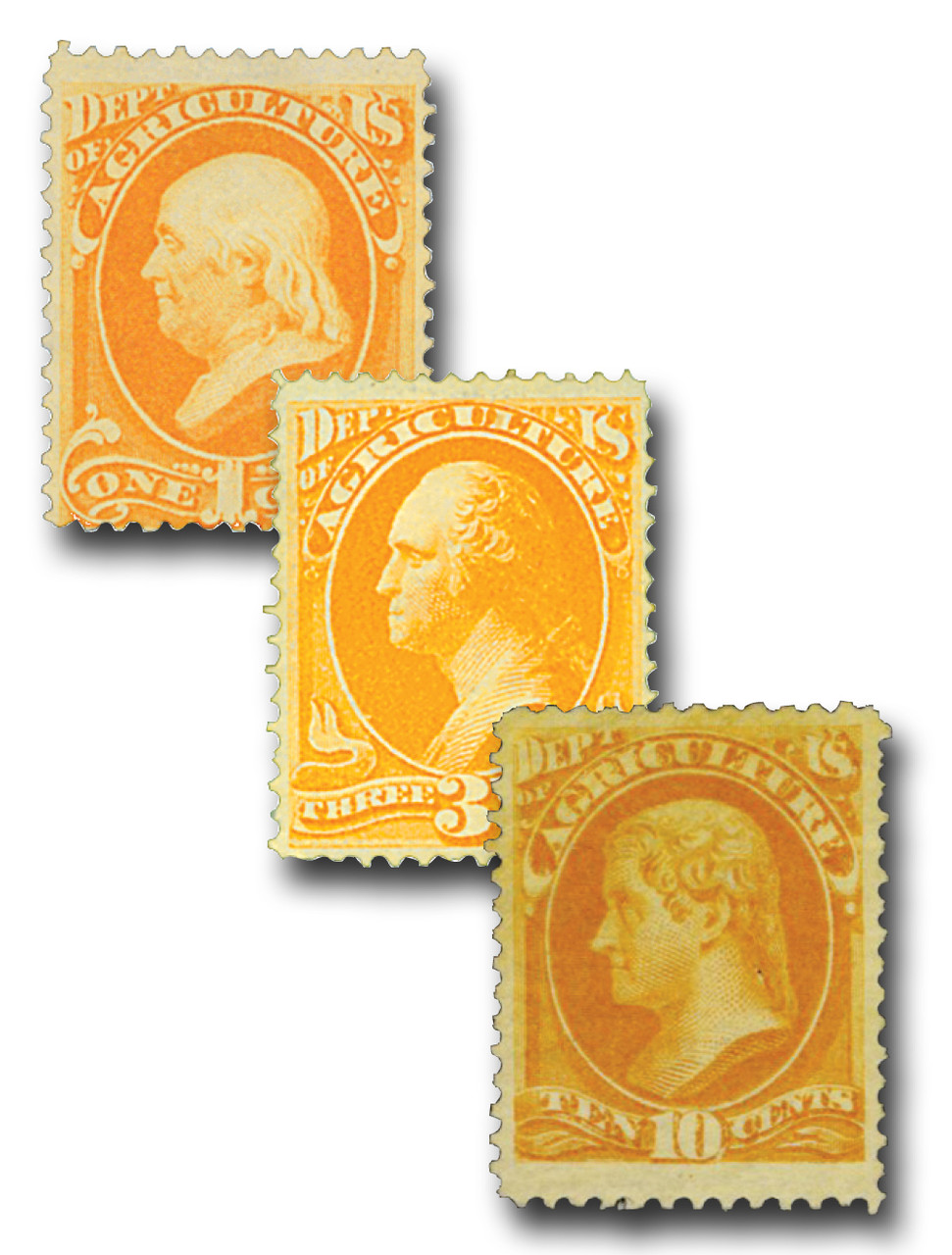 O1//5 - 1873 Department of Agriculture Officials, Yellow, Hard Paper, Set of 3 Stamps