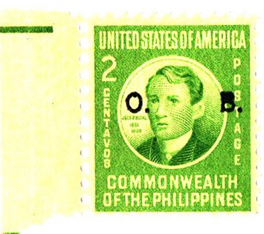 PHO37 - 1941 2c Philippine Islands Official Stamp, Jose Rizal, Apple Green, Unwatermarked, Perf. 11x10.5, Black Overprint