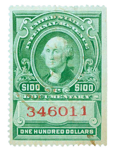 R248 - 1917 $100 U.S. Internal Revenue Stamp, Green, Perf. 12, No Gum, Without "Series 1915"