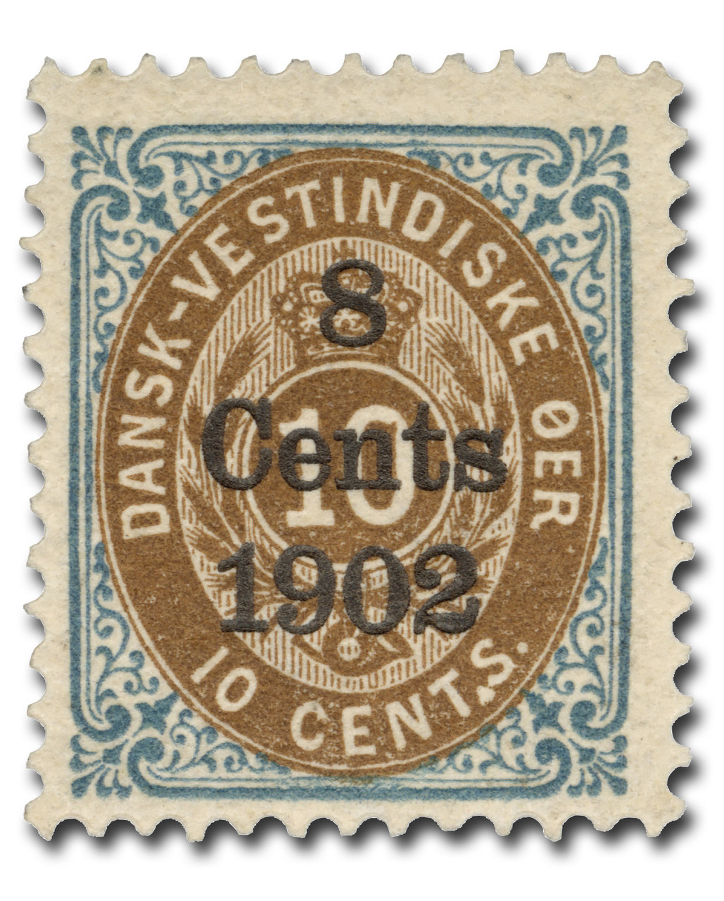DWI28a - 1902 8c on 10c Blue & Brown, Danish West Indies , Period Between "t & s" of "cents"