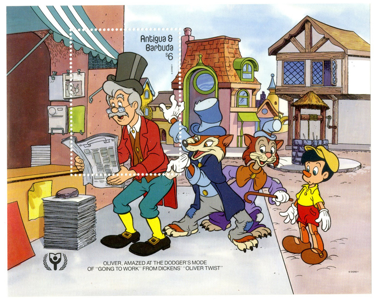 MDS229C -  1990 Disney's International Year of The Child - Charles Dickens Characters, Mint Souvenir Sheet, Antigua-Barbuda