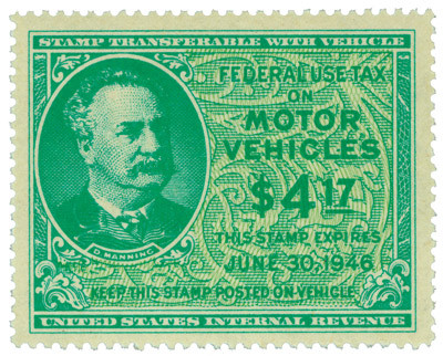 RV44 - 1945 $4.17 Motor Vehicle Use Tax, bright blue green & yellow green (gum on face, control no. & inscription on back)