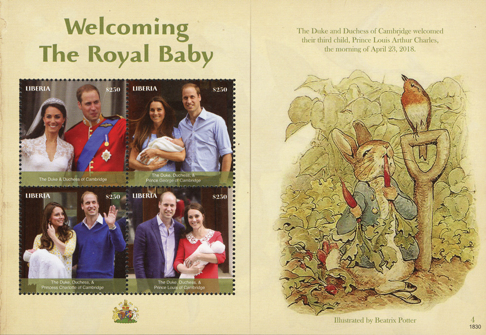 M12406 - 2018 $250 Welcoming the Royal Baby: Illustration by Beatrix Potter sheet of 4 stamps