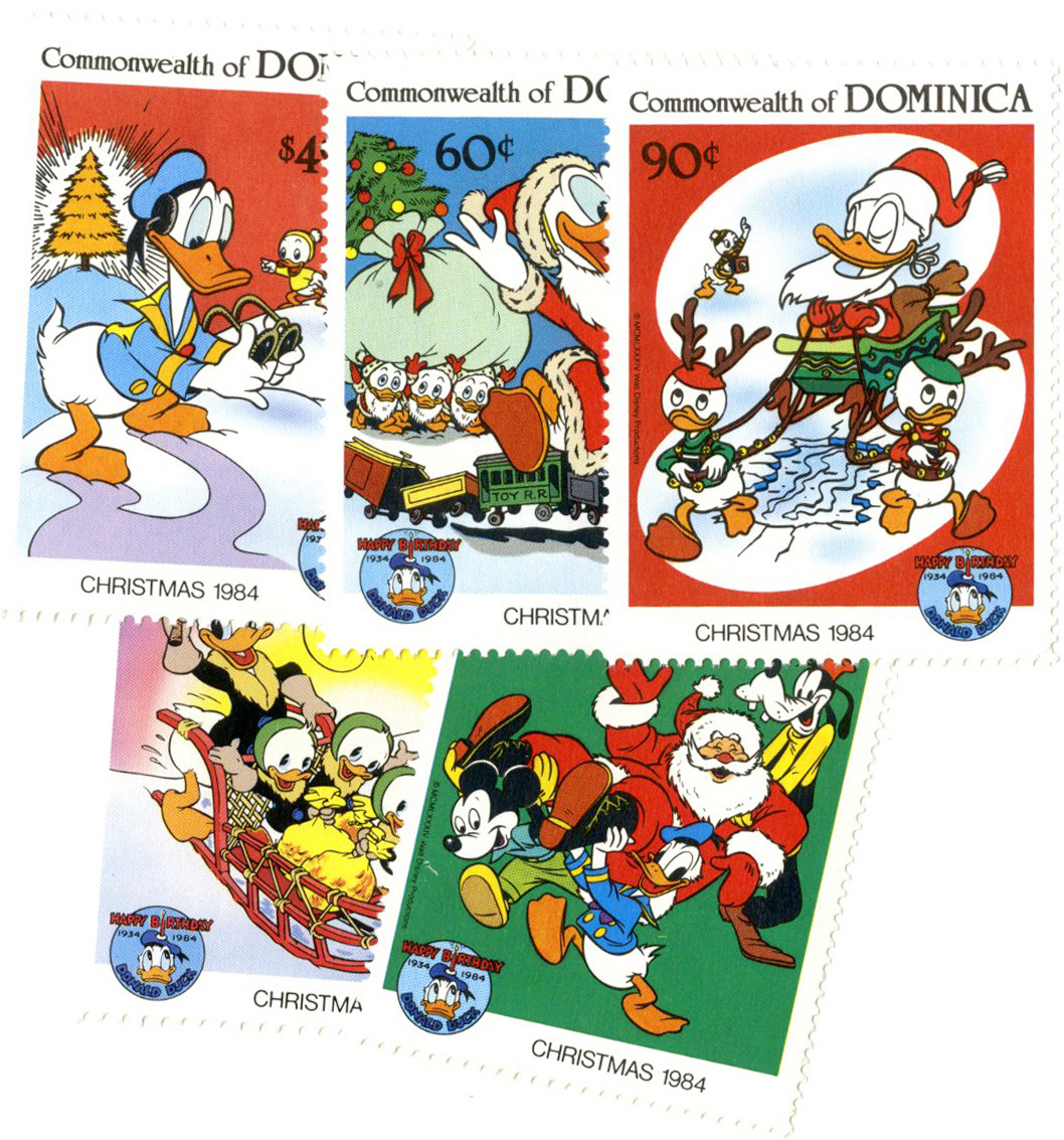 MDS255A - 1984 Disney Christmas Celebrates Donald Duck's 50th Birthday, Mint, Set of 5 Stamps, Dominica