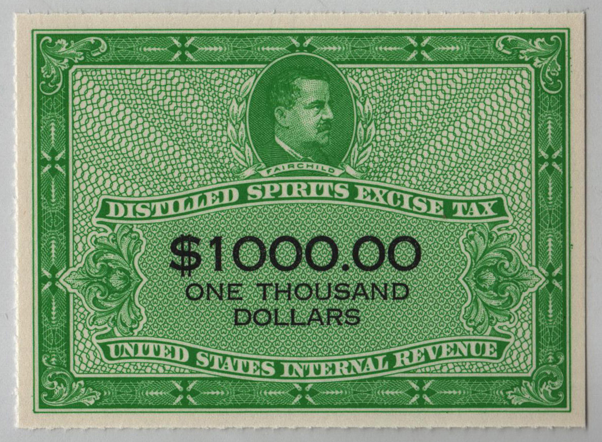 RX41 - 1952 $1,000 Distilled Spirits Excise Tax Stamp, Yellow Green & Black