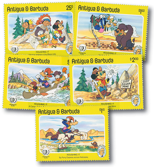 MDS221A - 1985 Disney's Mark Twain - Roughing It, Mint, Set of 5 Stamps, Antigua
