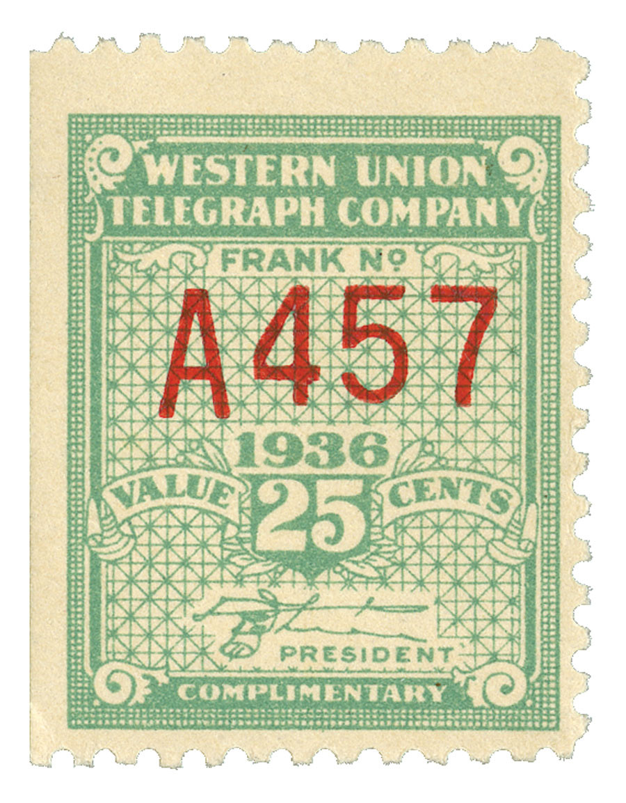 16T90 - 1936 25c Western Union Telegraph Company, Apple Green, R. B. White Signature