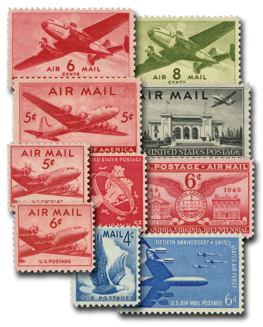 C25//C49 - 1941-57 US Airmails, Set of 10 Stamps
