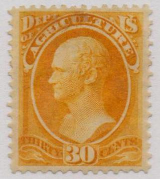 O9 - 1873 30c Department of Agriculture Official, Yellow, Hard Paper